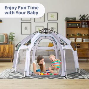 RUNBOW Baby Playpen - Indoor & Outdoor Playpen with Canopy, Portable Playpen for Babies and Toddlers-Baby Beach Tent,Foldable Travel Bag-Pop Up Pack and Play Yard(Grey)