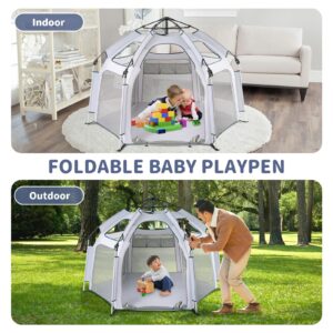 RUNBOW Baby Playpen - Indoor & Outdoor Playpen with Canopy, Portable Playpen for Babies and Toddlers-Baby Beach Tent,Foldable Travel Bag-Pop Up Pack and Play Yard(Grey)