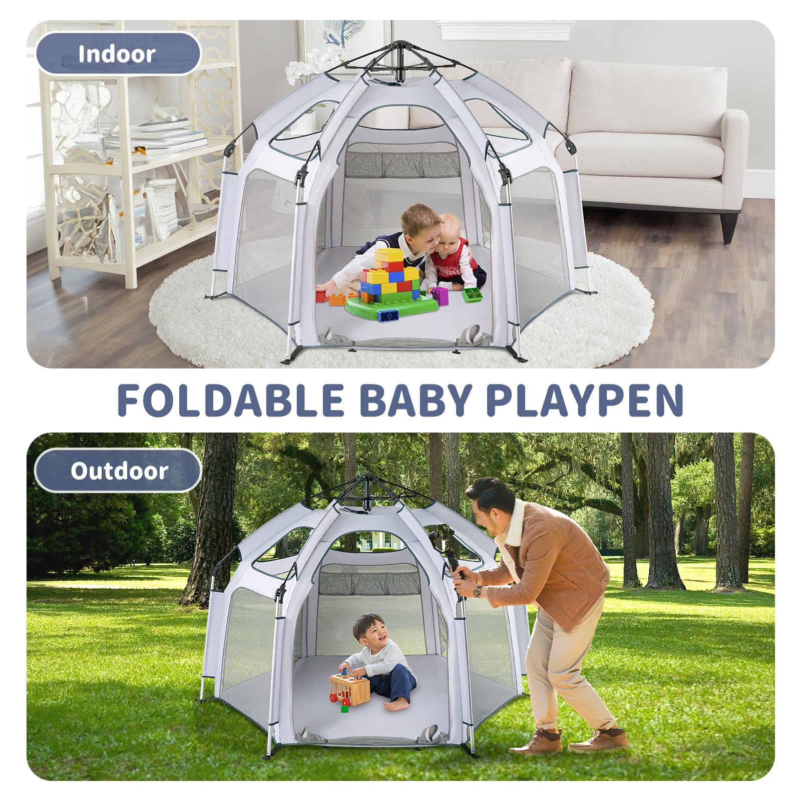 RUNBOW Baby Playpen - Indoor & Outdoor Playpen with Canopy, Portable Playpen for Babies and Toddlers-Baby Beach Tent,Foldable Travel Bag-Pop Up Pack and Play Yard(Grey)