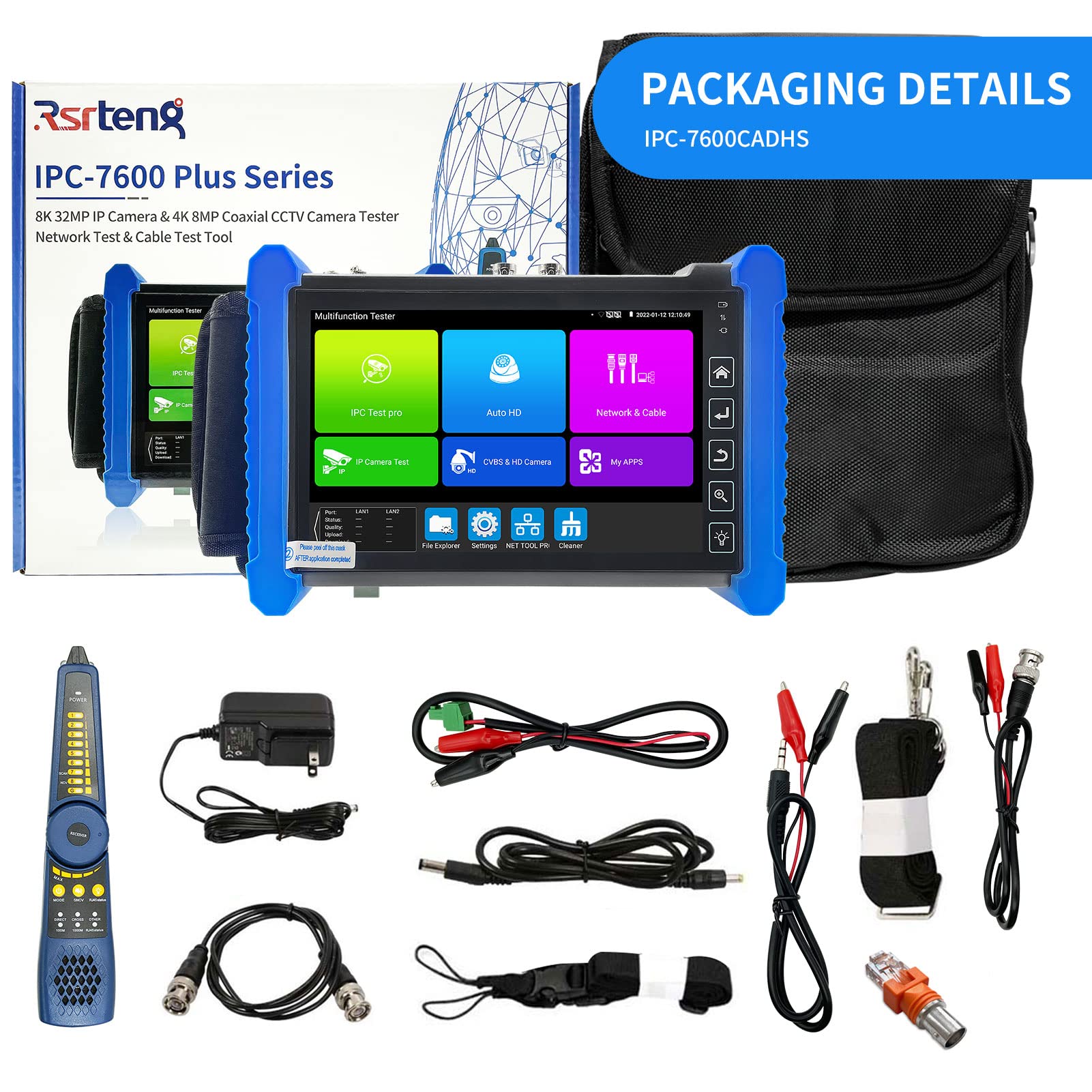 Rsrteng CCTV Tester,IPC-7600CADHS Plus 8K 32MP IP Camera Tester with Cable Tracer 4K 8MP AHD CVI TVI SDI CVBS Coaxial Camera Tester 7” Touch Screen Monitor Support HDMI VGA TDR WiFi Audio POE RS485