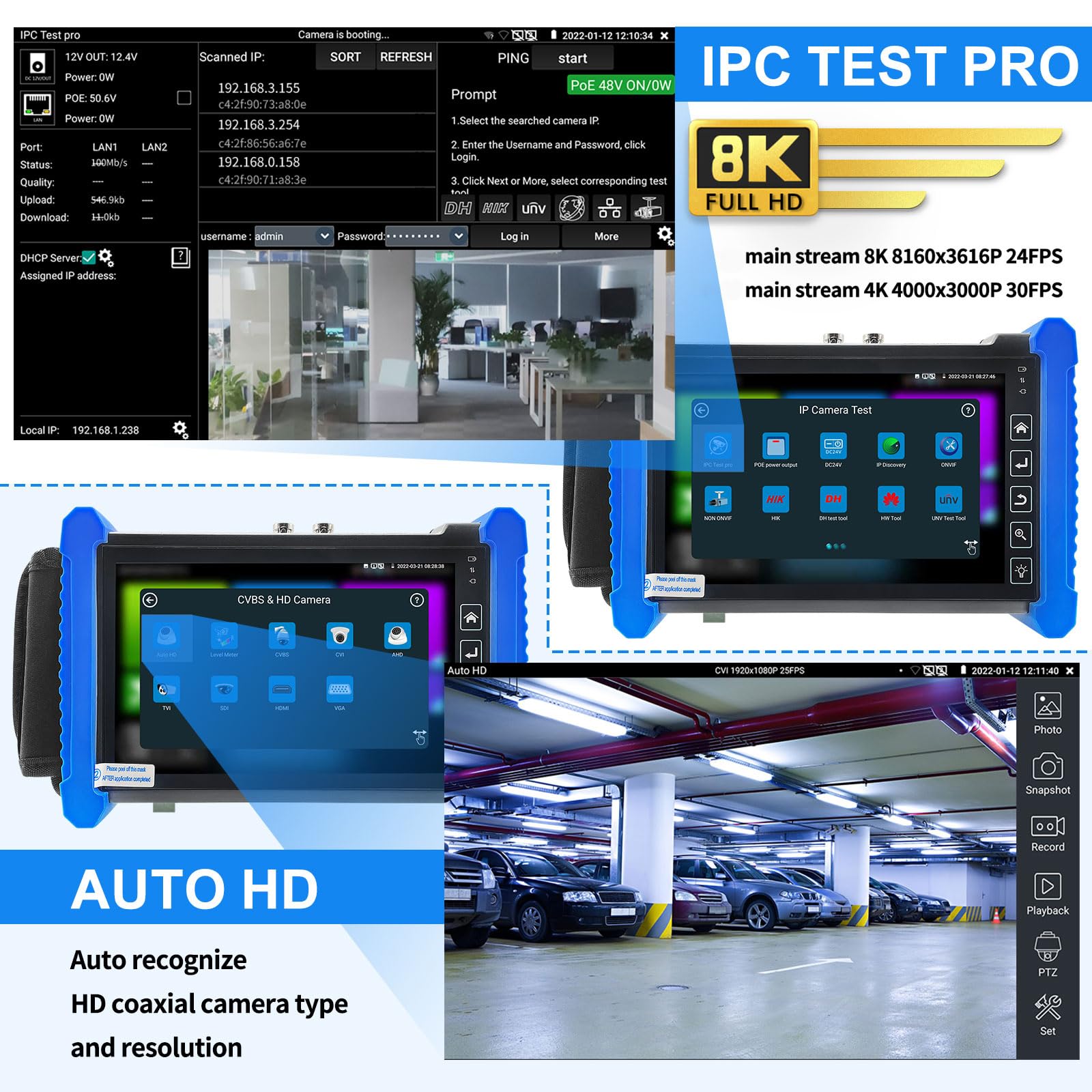 Rsrteng CCTV Tester,IPC-7600CADHS Plus 8K 32MP IP Camera Tester with Cable Tracer 4K 8MP AHD CVI TVI SDI CVBS Coaxial Camera Tester 7” Touch Screen Monitor Support HDMI VGA TDR WiFi Audio POE RS485