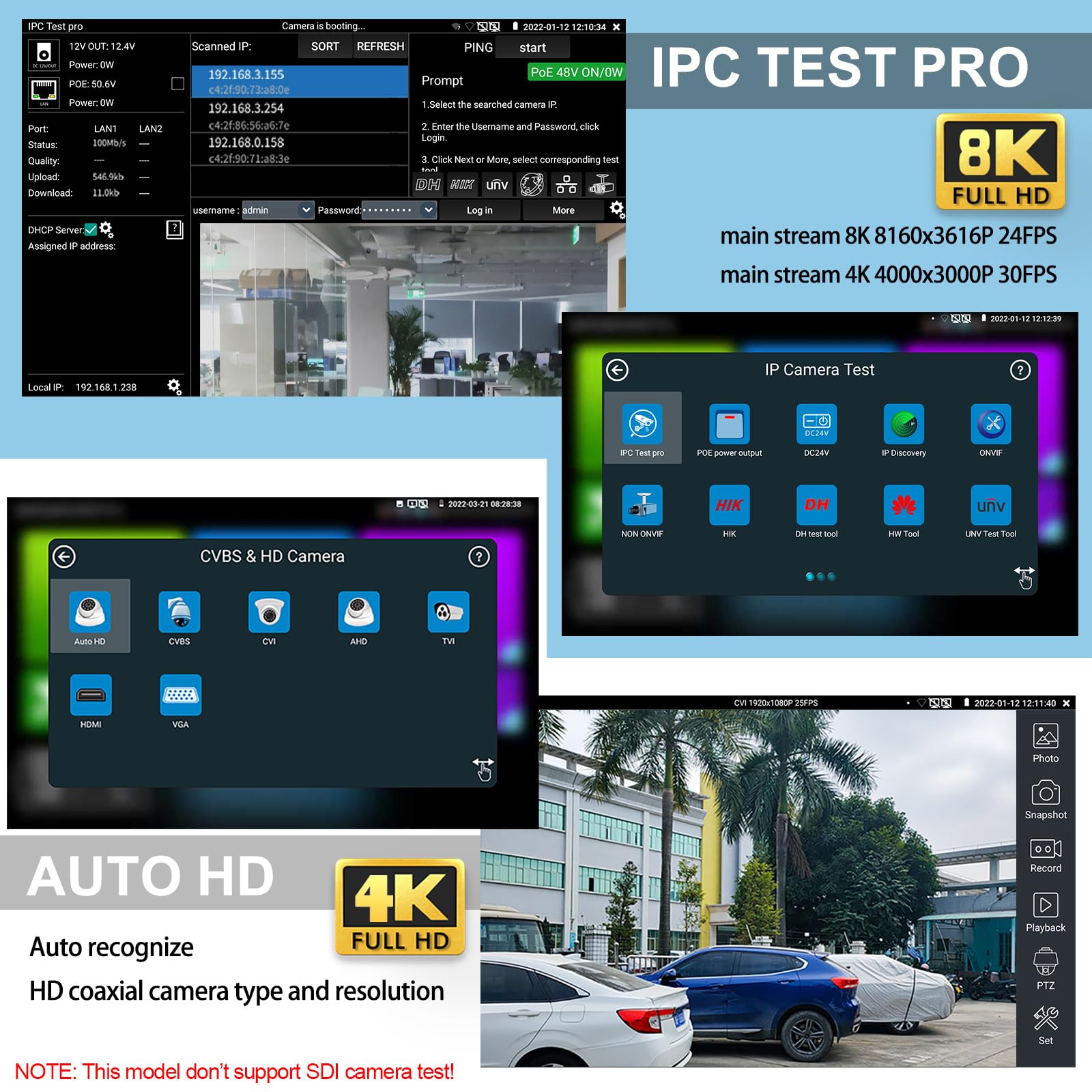 Rsrteng CCTV Camra Tester,IPC-7600CADH Plus 8K 32MP IP Camera Tester with Cable Tracer 4K 8MP AHD CVI TVI CVBS Coaxial Camera Tester 7” Touch Screen Monitor Support HDMI VGA TDR Audio POE RS485