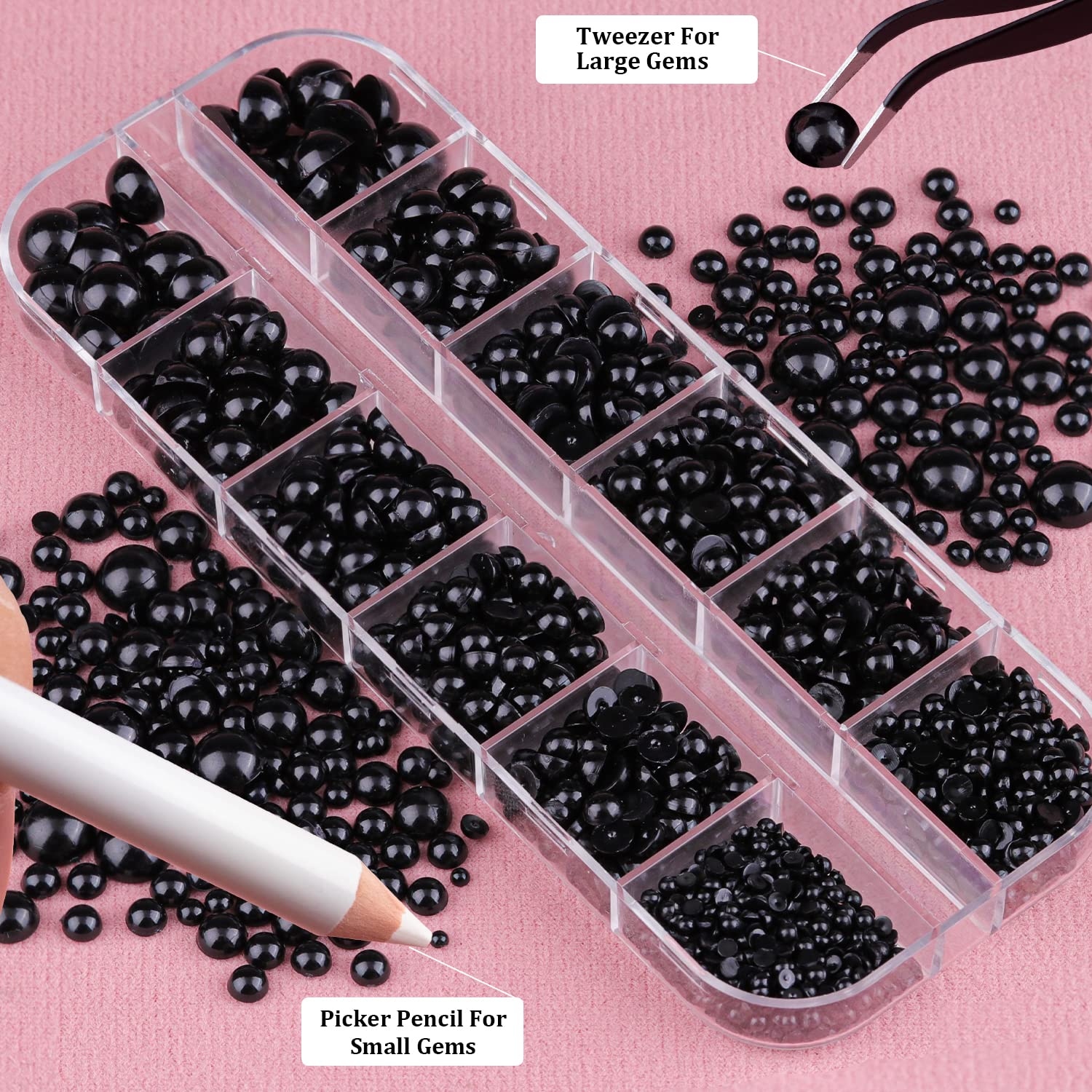 Belleboost Flat Back Pearls Kits 1 Box of Flatback Black Half Round Pearls with Pickup Pencil And Tweezer for Home DIY And Professional Nail Art, Face Makeup And Craft