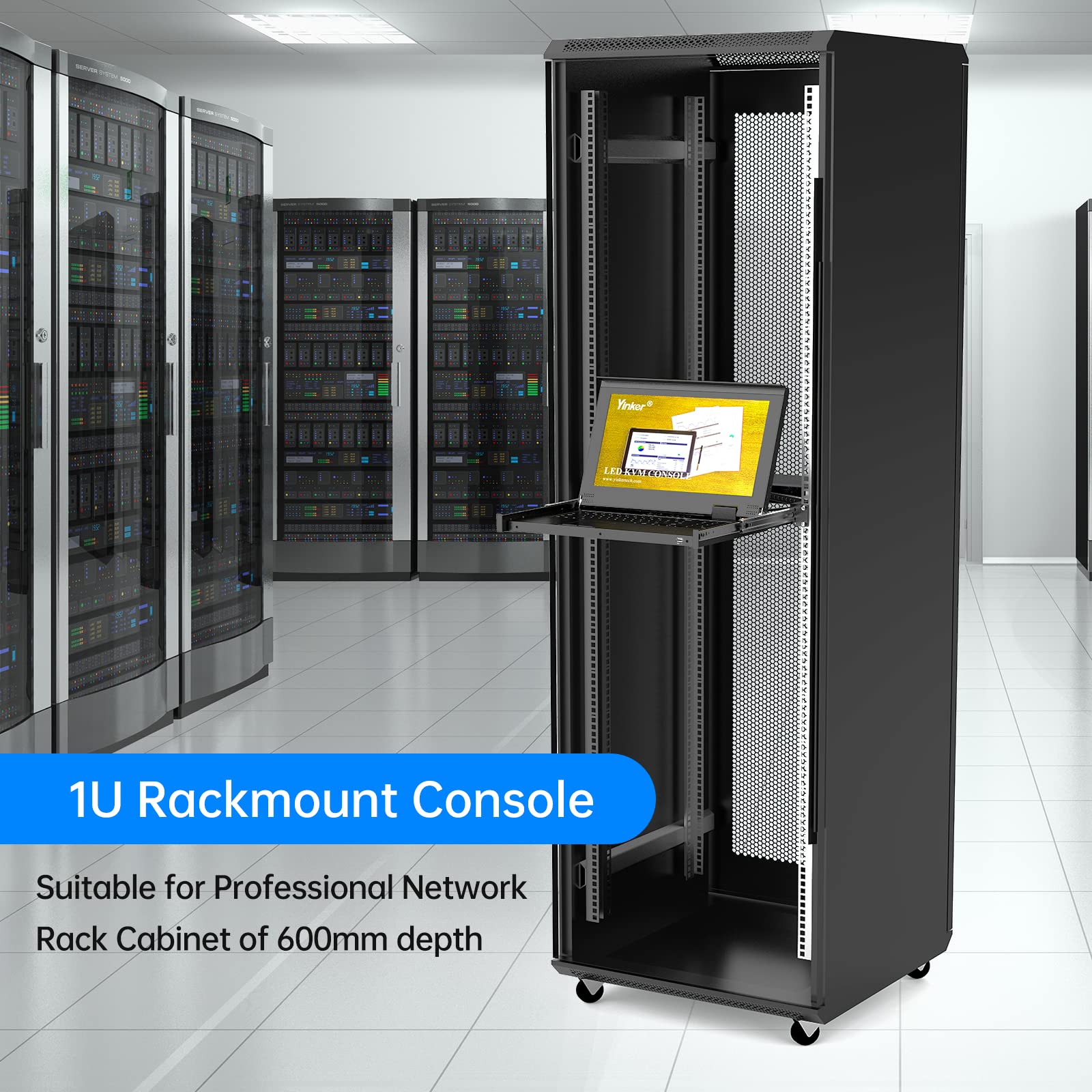 8 Port Rack Mount LCD KVM Console, Yinker VGA KVM Switch with 15.6 inch LCD Monitor, Fit 1U 19" Rack 600mm-deep Network Server Cabinet w/Keyboard Touchpad Drawer KVM Cables