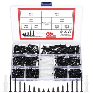 430 pcs m3 wood screws assortment kit, black flat head self-tapping screws, cross drive head countersunk head screws fasteners, assorted chipboard cabinet screws with 20 plastic wall screw anchors