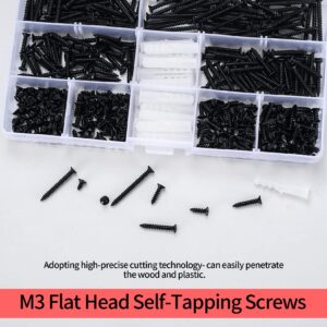 430 Pcs M3 Wood Screws Assortment Kit, Black Flat Head Self-Tapping Screws, Cross Drive Head Countersunk Head Screws Fasteners, Assorted Chipboard Cabinet Screws with 20 Plastic Wall Screw Anchors