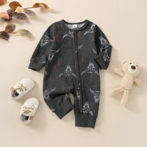 Omkzanbi Western Baby Boy Clothes Newborn Cowboy Jumpsuit Cow Printed Onesie Long Sleeve Bodysuit Fall Winter Outfit (Western Onesie Cow Printed, 0-3 Months)