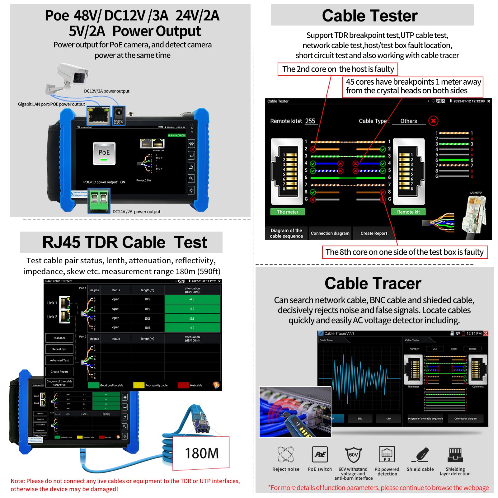 Rsrteng CCTV Camra Tester,IPC-7600CADH Plus 8K 32MP IP Camera Tester with Cable Tracer 4K 8MP AHD CVI TVI CVBS Coaxial Camera Tester 7” Touch Screen Monitor Support HDMI VGA TDR Audio POE RS485