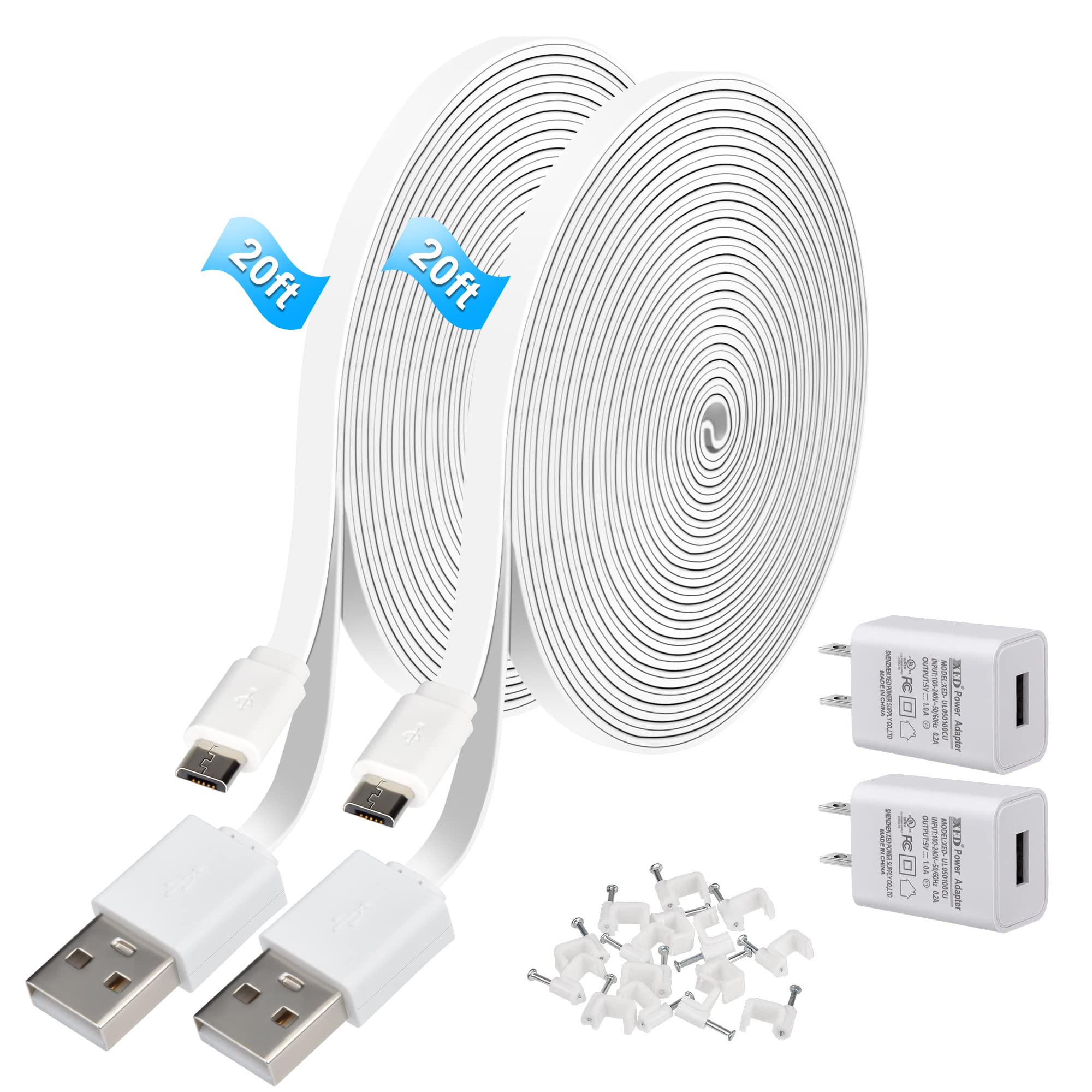 2Pack 20FT Power Extension Cable with Wall Adapter Compatible with Wyze Cam v3/v4/OG/v3 Pro, Wyze Cam Pan, Yi Camera,NestCam Indoor,SimpliSafe,USB Charging cable