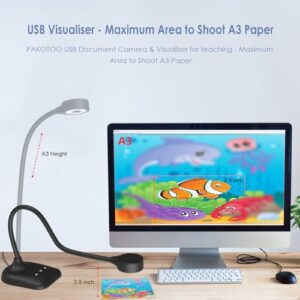 PAKOTOO USB Document Camera for Teachers, Webcam/Doc Camera for Classroom with A3 Format, 3-Level LED Lights, Image Invert, Fold, Dual mic for Mac OS, Windows, Zoom, OBS Work with Distance Learning