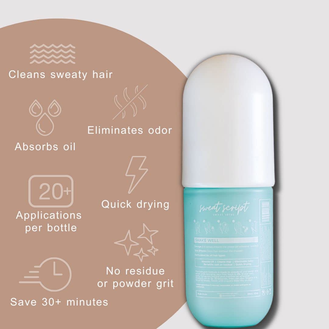 Sweat Script Non-Aerosol, Refresh Hair and Absorb Oil and Sweat Between Washes, Waterless Shampoo, No Benzene, All Natural, for all Hair Colors, No Sulfate, Talc Free and Paraben Free