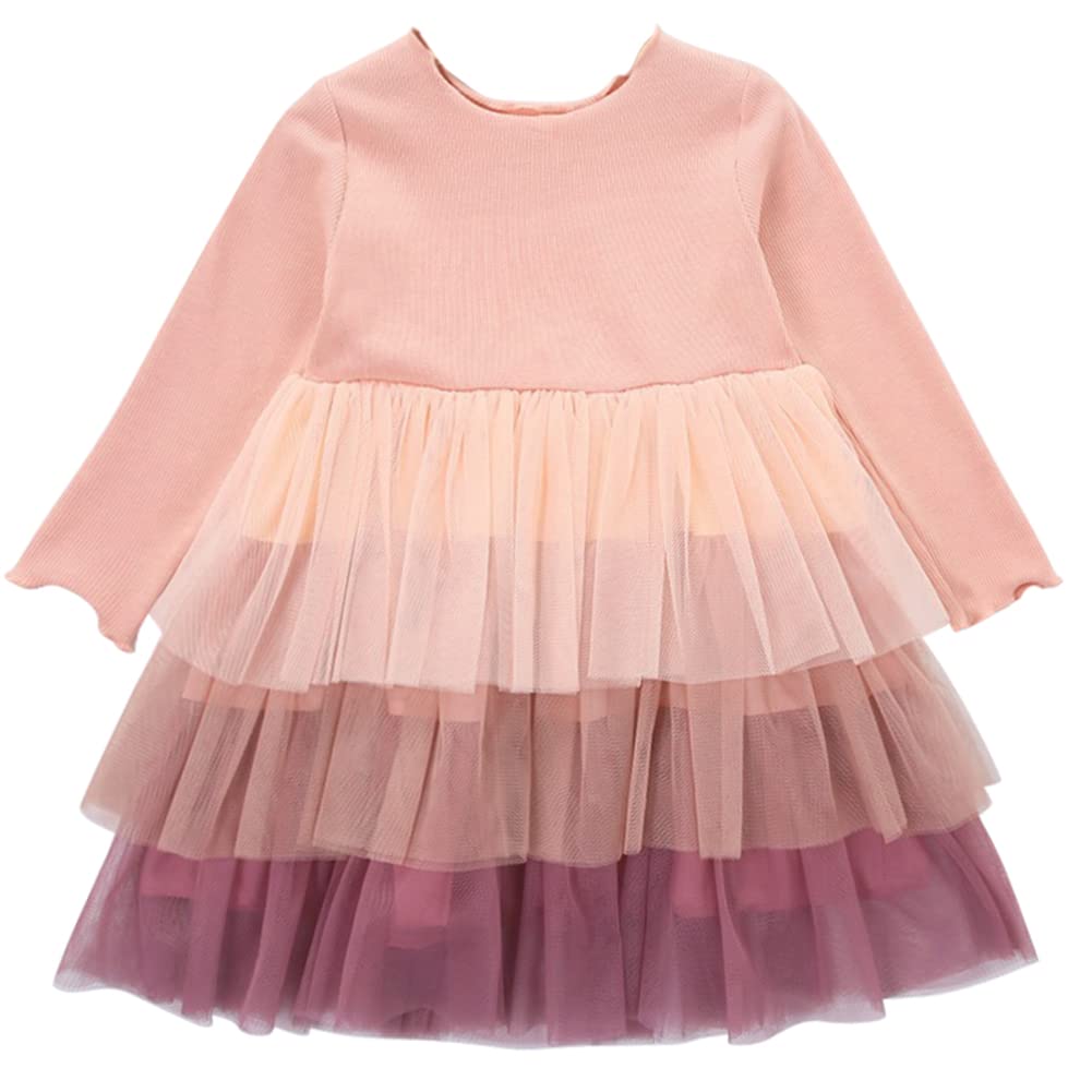 AGQT Baby Girls Tulle Tutu Dress Long Sleeve Multi-Layer Lace Dress Knit Round Neck Casual Dress Christmas Fall Winter Party Dresses Pink-Colorful Size 18-24 Months