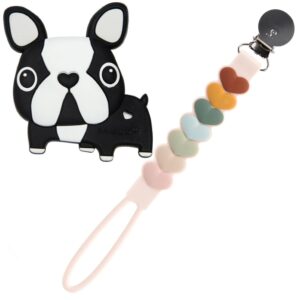 Loulou Lollipop Silicone Teether and Holder Clip Bundle Set - Boston Terrier/Sweetheart Multi