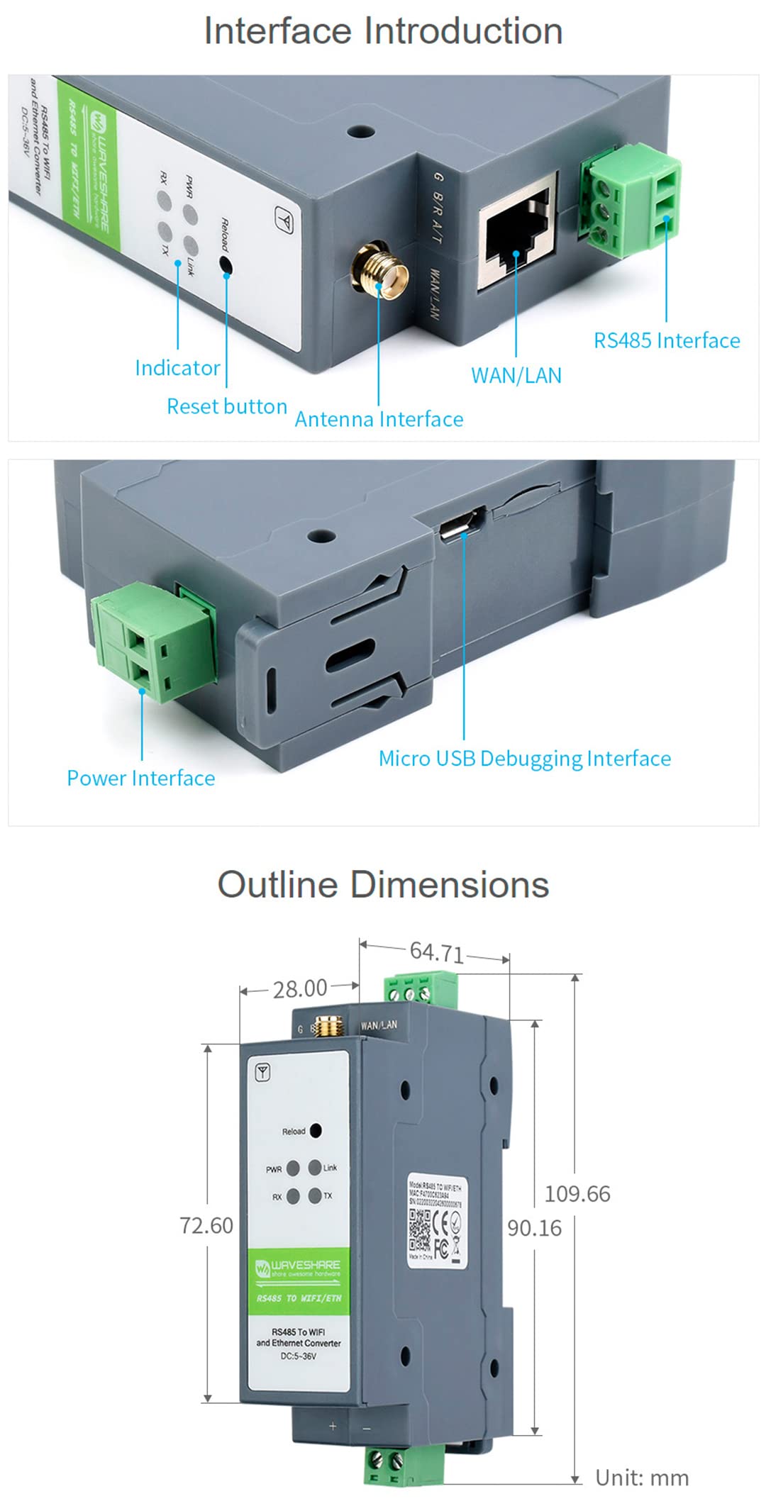 RS485 to WiFi/Ethernet Module, Rail-Mount Serial Server, Modbus MQTT Gateway, Support 802.11b/g/n Wireless Standards, Support RS485 to WiFi, RS485 to Ethernet, Ethernet to WiFi, etc.