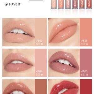 BANGFENG 6PCS Lip Oil Light Lipgloss Set, Moisturizing Hydrating Lip Glow Oil Lip Gloss Kit High Shine Lip Plumping Glass Finish Lip Gloss Liquid Lipstick for Women (Set B)