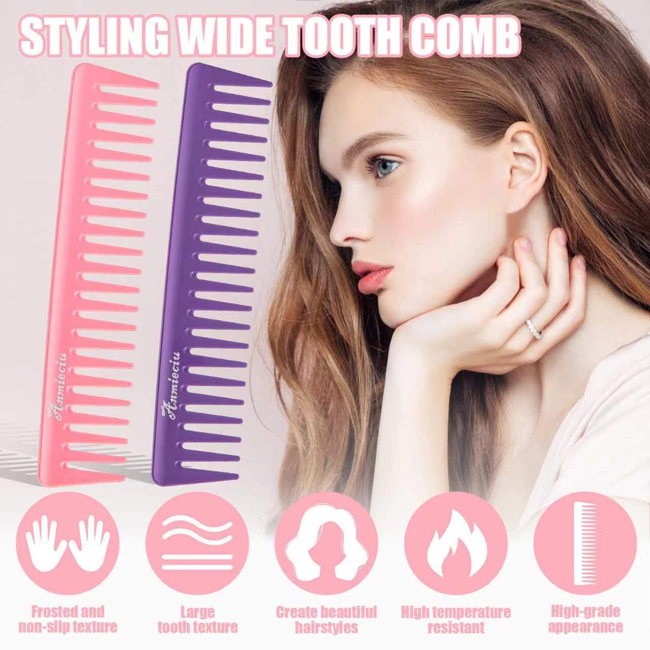 2Pcs Wide Tooth Comb and Large Hair Detangling Comb, Durable Hair Combs, Suitable for Curly Hair, Long Hair, Wet or Dry Hair in all Types, Anmieciu Advanced Care Styling Hair Comb. (Pink, Purple)