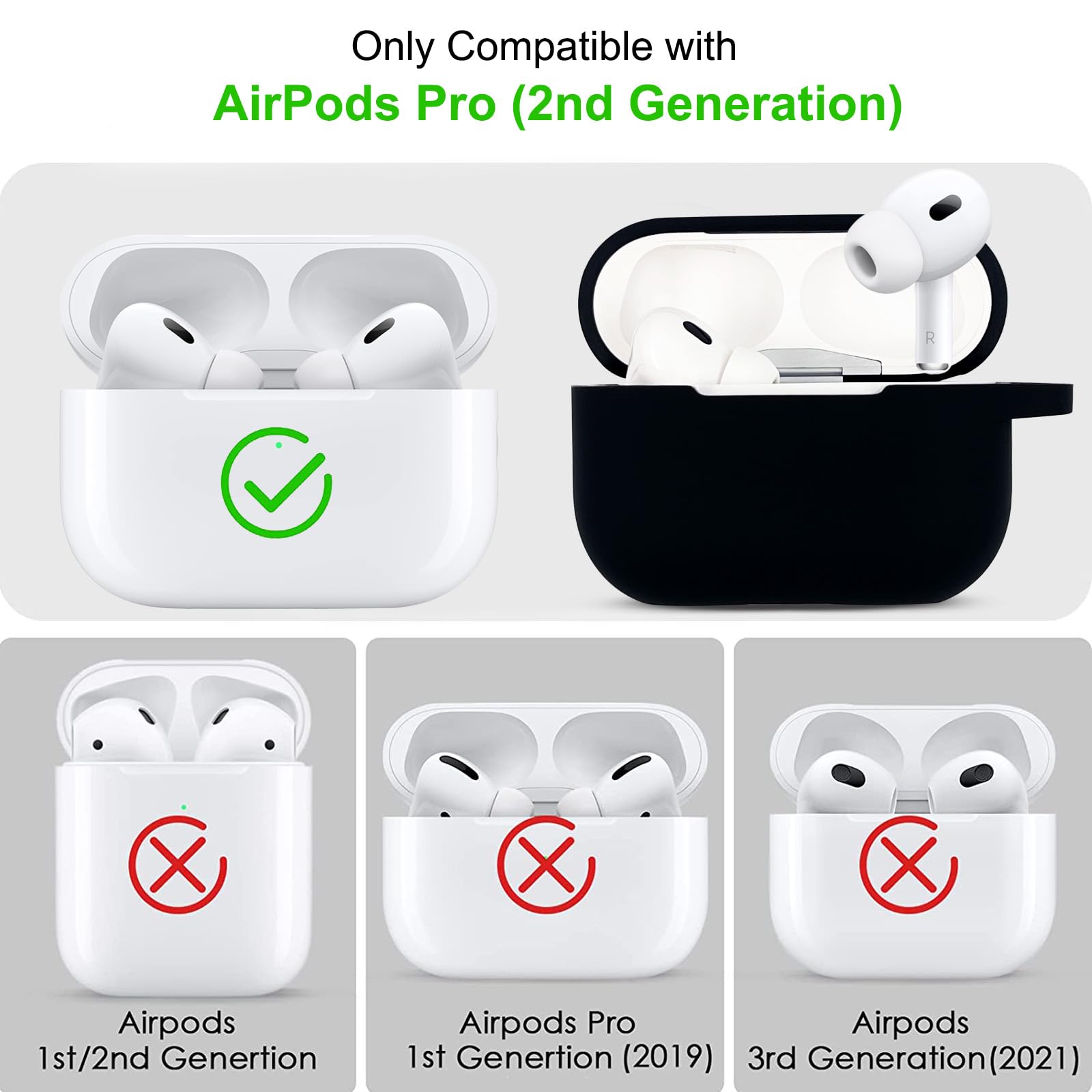 KOUJAON Compatible with Airpods Pro 2nd Generation Case Cover 2022, Soft Silicone Protective Cover with Bracelet Keychain for Apple Airpods Pro 2 Case for Women Girls (Black)