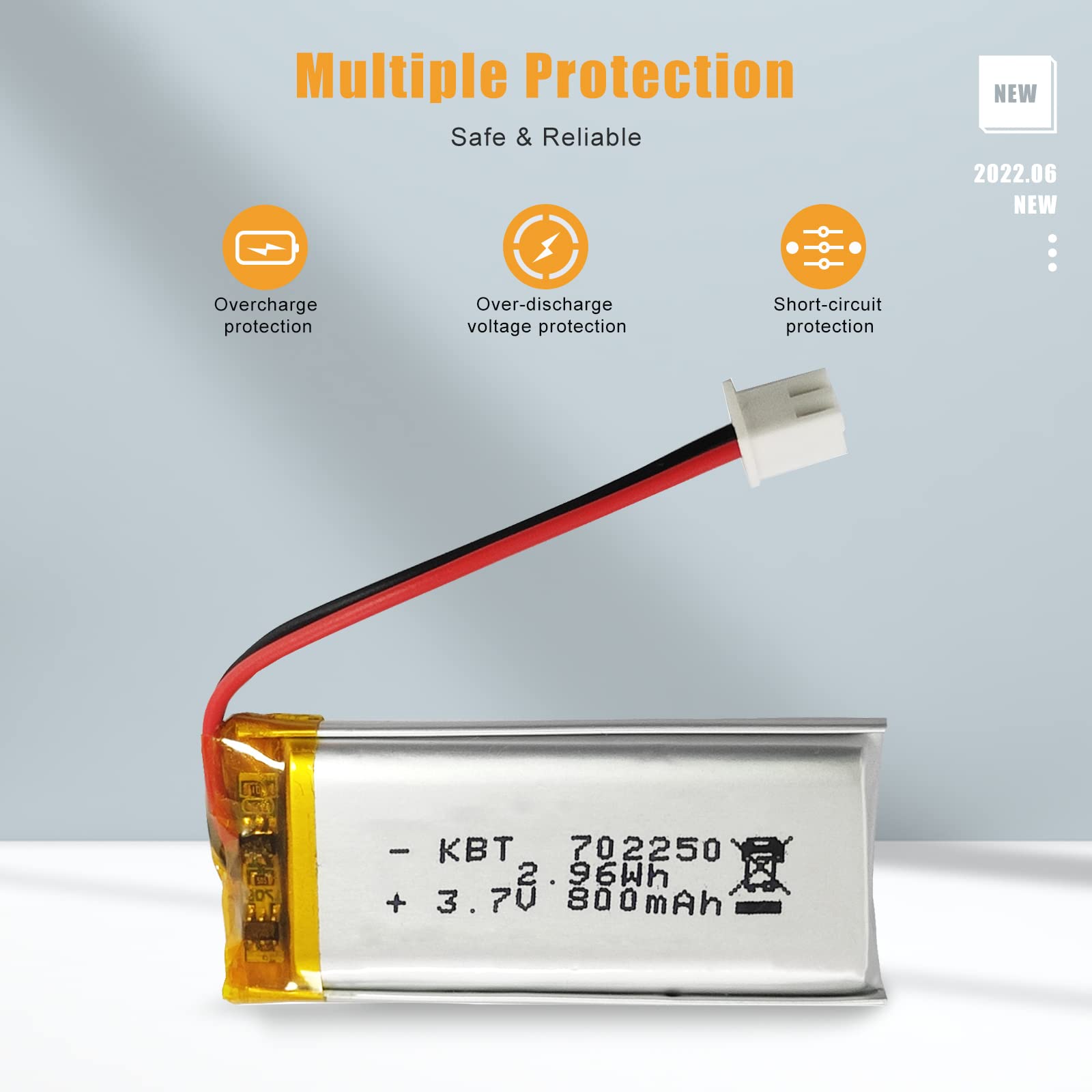 KBT 3.7V 800mAh Li-Polymer Battery: 702250 Lipo Rechargeable Lithium-ion Replacement Batteries with PH 2.54 JST Connector, PH1.25/2.0 JST Connector for Replacement - 3Pack