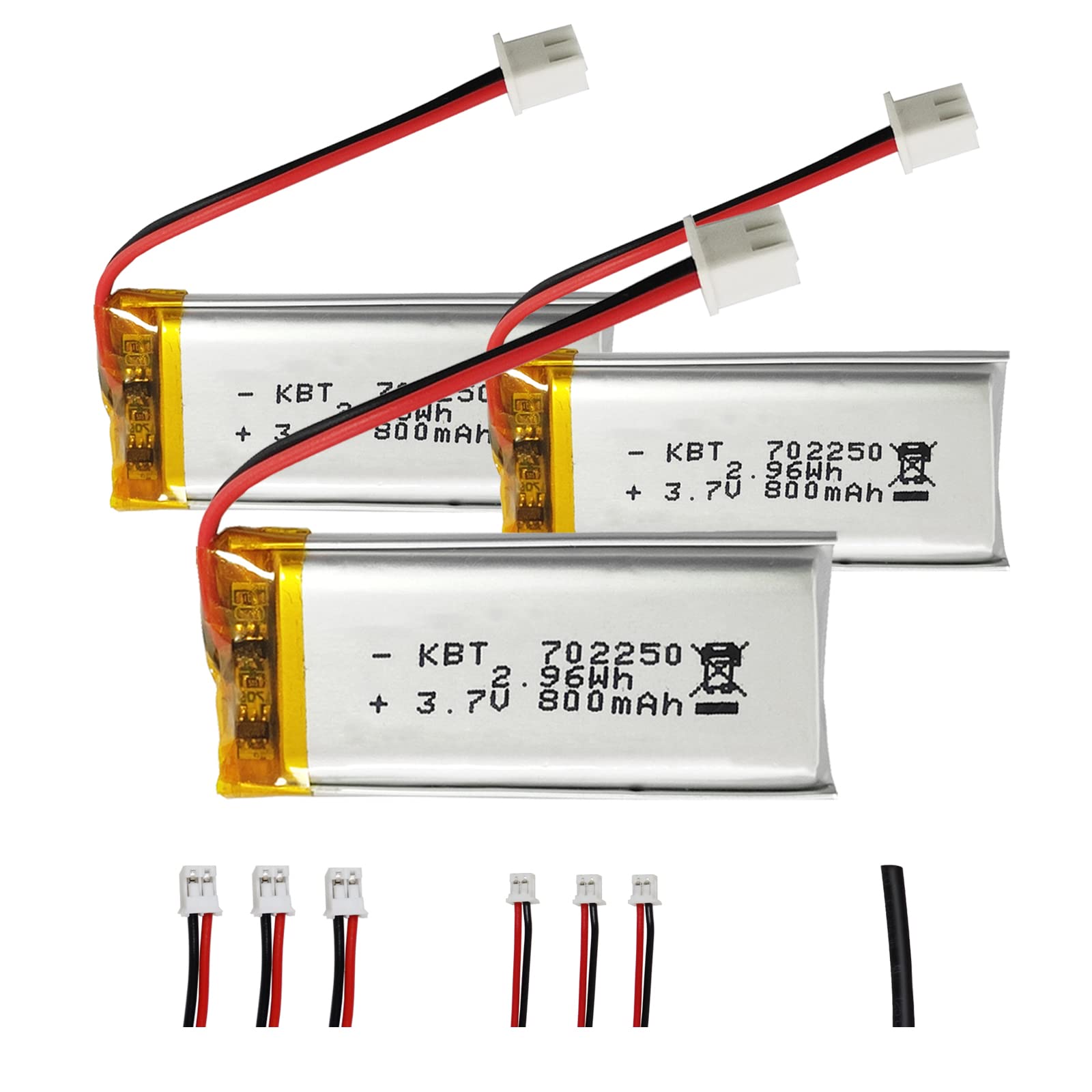 KBT 3.7V 800mAh Li-Polymer Battery: 702250 Lipo Rechargeable Lithium-ion Replacement Batteries with PH 2.54 JST Connector, PH1.25/2.0 JST Connector for Replacement - 3Pack