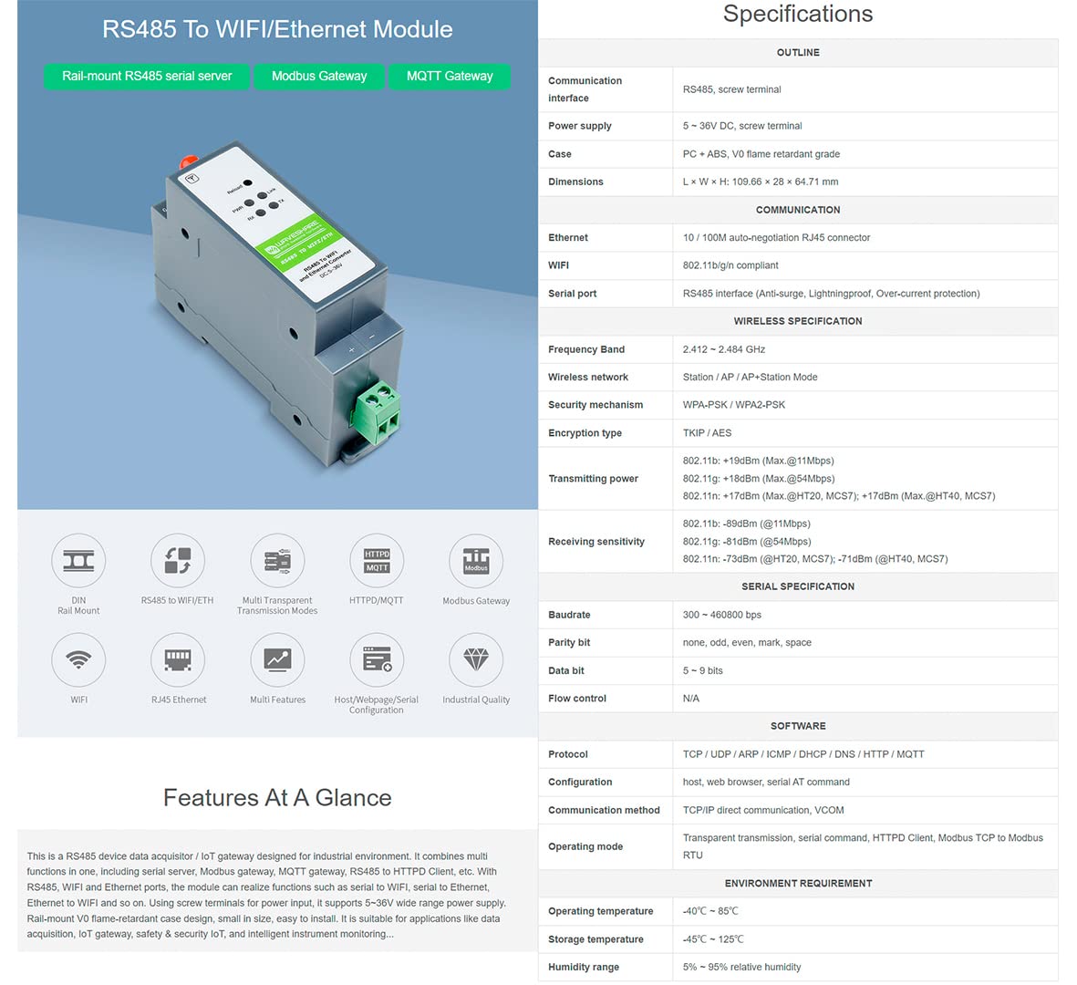 RS485 to WiFi/Ethernet Module, Rail-Mount Serial Server, Modbus MQTT Gateway, Support 802.11b/g/n Wireless Standards, Support RS485 to WiFi, RS485 to Ethernet, Ethernet to WiFi, etc.