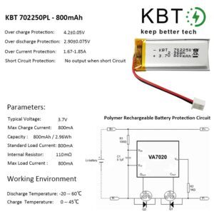 KBT 3.7V 800mAh Li-Polymer Battery: 702250 Lipo Rechargeable Lithium-ion Replacement Batteries with PH 2.54 JST Connector, PH1.25/2.0 JST Connector for Replacement - 3Pack