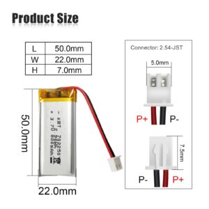 KBT 3.7V 800mAh Li-Polymer Battery: 702250 Lipo Rechargeable Lithium-ion Replacement Batteries with PH 2.54 JST Connector, PH1.25/2.0 JST Connector for Replacement - 3Pack