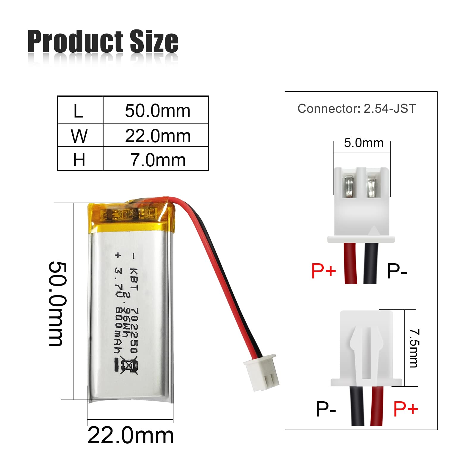 KBT 3.7V 800mAh Li-Polymer Battery: 702250 Lipo Rechargeable Lithium-ion Replacement Batteries with PH 2.54 JST Connector, PH1.25/2.0 JST Connector for Replacement - 3Pack