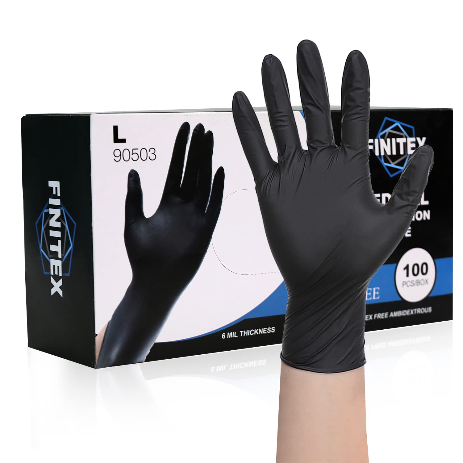 FINITEX Black Nitrile Disposable Medical Exam Gloves - Case of 1000 PCS 6mil Glove Powder-Free Latex-Free Gloves (Large)