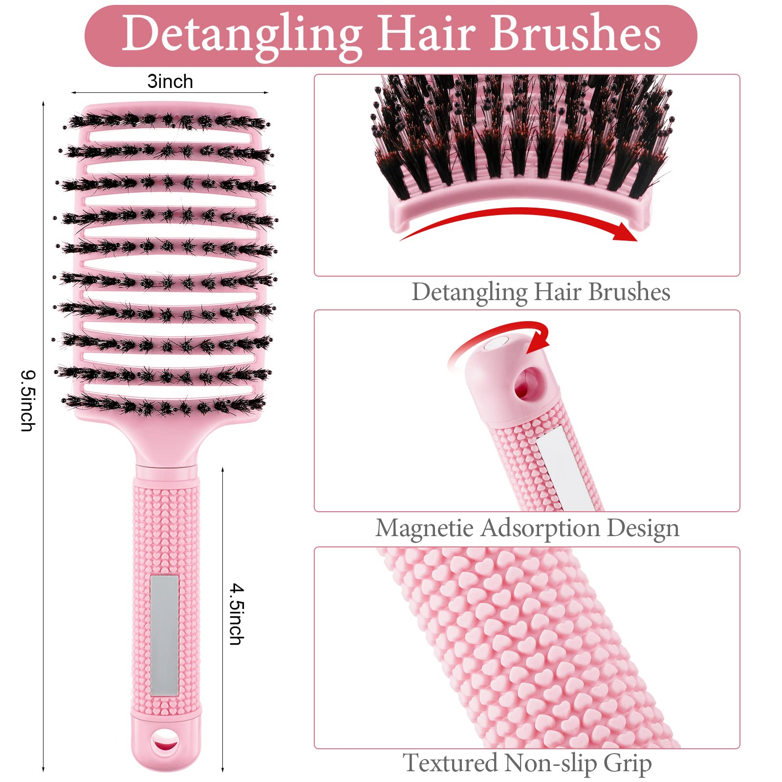 Zopeal 9 Pieces Boar Bristle Curved and Vented Brush for Detangling Dry, Wet, Curly, Thick or Straight Hair - Enhances Shine for Women, Men, and Kids