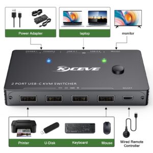 USB C KVM Switch 4K@60Hz,MLEEDA USB C Switch 2 Computers Share 1 Monitor and 4 USB Devices,Compatible with Thunderbolt 3,with 100 W Power Delivery Option,Wired Remote and 3 Cables Included