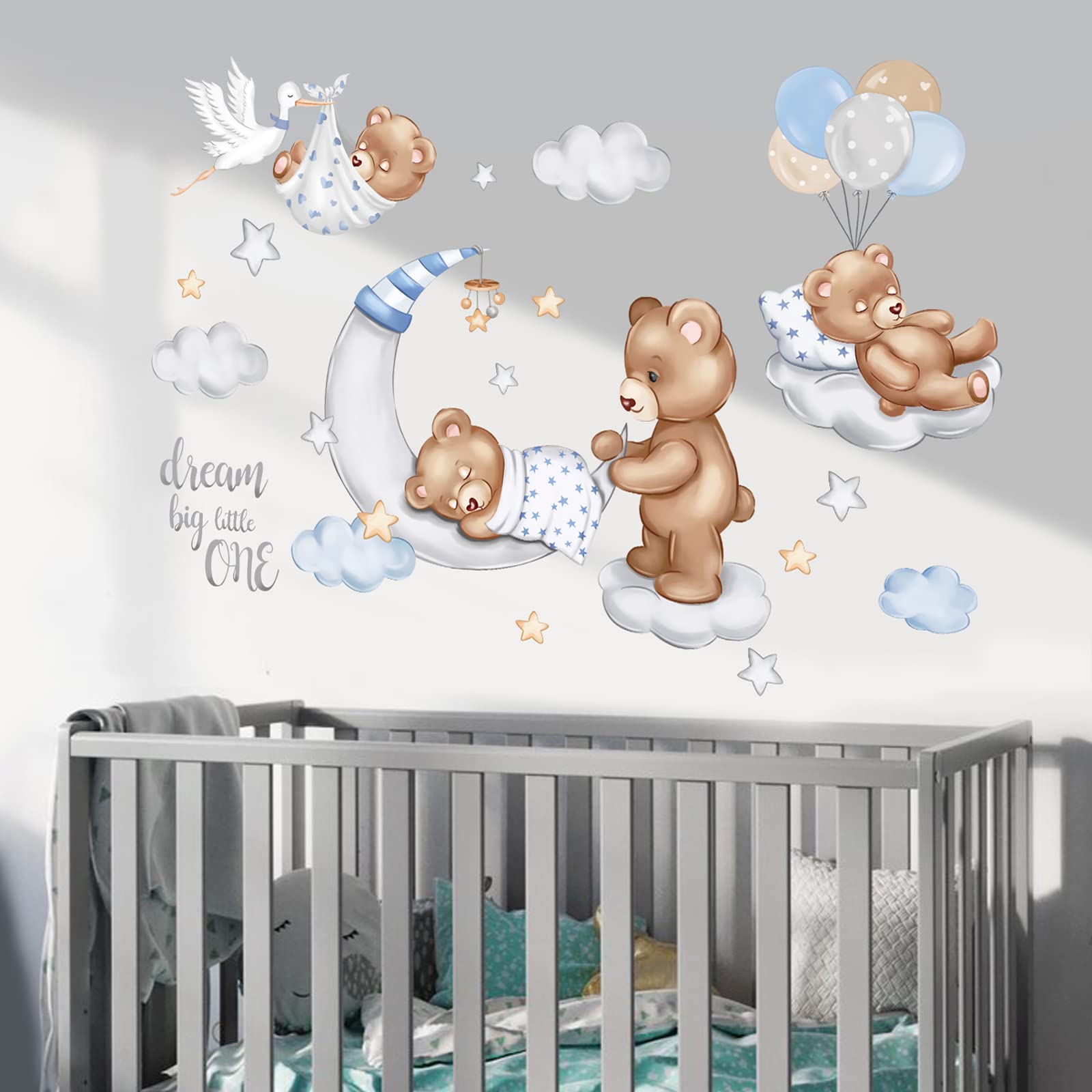 wondever Sleeping Baby Bear Wall Stickers Dream Big Clouds Ballons Peel and Stick Wall Art Decals for Kids Bedroom Baby Nursery