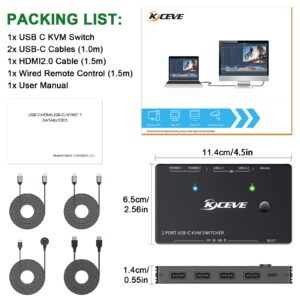 USB C KVM Switch 4K@60Hz,MLEEDA USB C Switch 2 Computers Share 1 Monitor and 4 USB Devices,Compatible with Thunderbolt 3,with 100 W Power Delivery Option,Wired Remote and 3 Cables Included