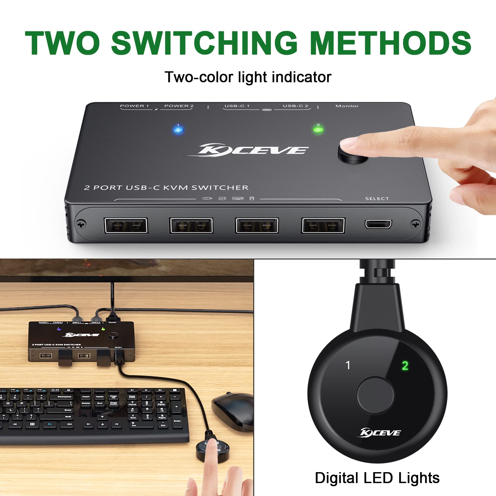 USB C KVM Switch 4K@60Hz,MLEEDA USB C Switch 2 Computers Share 1 Monitor and 4 USB Devices,Compatible with Thunderbolt 3,with 100 W Power Delivery Option,Wired Remote and 3 Cables Included