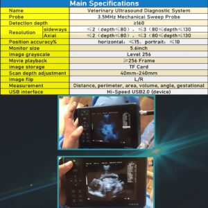 Veterinary B-Ultrasound Scanner Ultrasound Scanner for Pregnancy 6.5 MHz Rectal Probe, Volume Heart Rate Measurement with 32G TF Rechargeable, 8 Color Panels, B/BB/4B for Cattle, Horse, Camel Snake