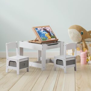 Karl home Kids Table and Chairs, 3 in 1 Toddler Table and Chair Set, Activity Table with Storage, Wood Kids Desk Chair for Kids 1-3 Years Old, Craft Table, Playroom, Living Room, Grayish-White