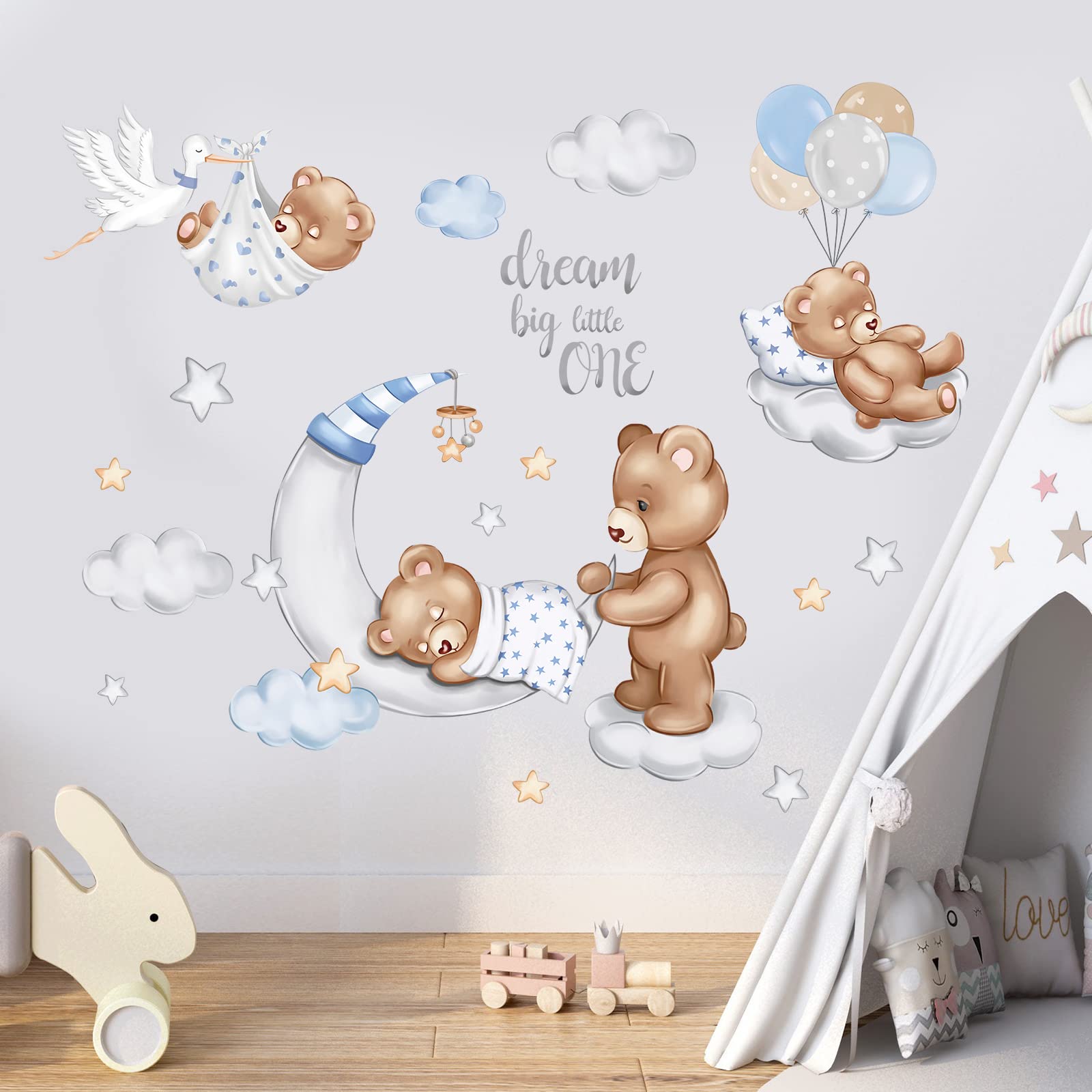 wondever Sleeping Baby Bear Wall Stickers Dream Big Clouds Ballons Peel and Stick Wall Art Decals for Kids Bedroom Baby Nursery