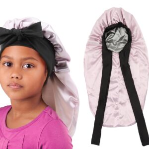 brcok Kids Braid Long Bonnet Girls Satin Bonnet Sleeping Cap Double Layer with tie Band Silk Hair Bonnet for Toddler Child (Kids Long Pink)