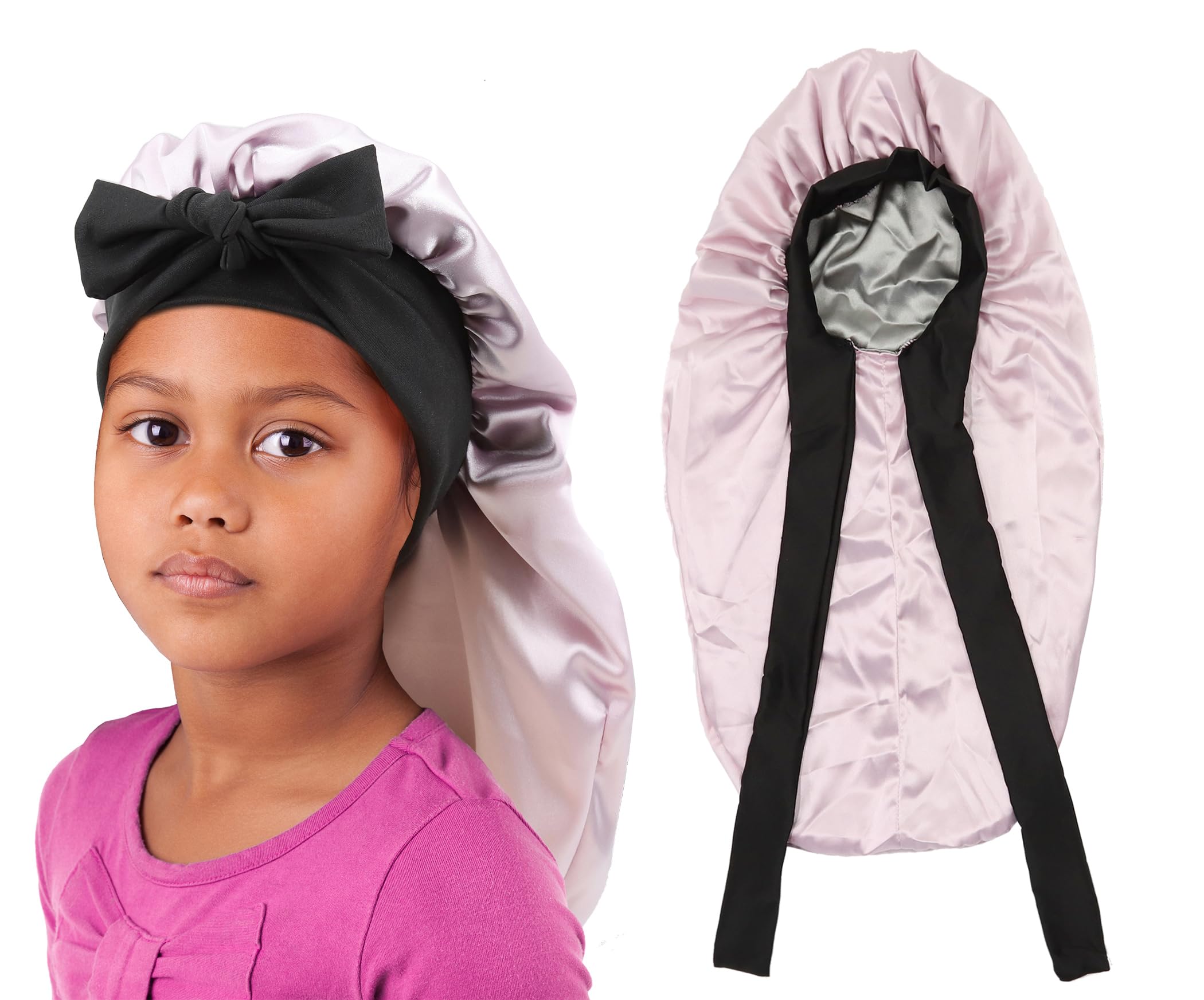 brcok Kids Braid Long Bonnet Girls Satin Bonnet Sleeping Cap Double Layer with tie Band Silk Hair Bonnet for Toddler Child (Kids Long Pink)