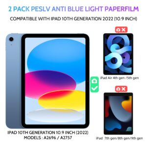 Peslv 2 Pack Anti Blue Light Paper Film for iPad 10th Gen 2022 (10.9 Inch), Drawing & Writing Feel Like on Paper, Matte Anti Glare PET Screen Protector, BlueLight Filter Eye Protection Cover