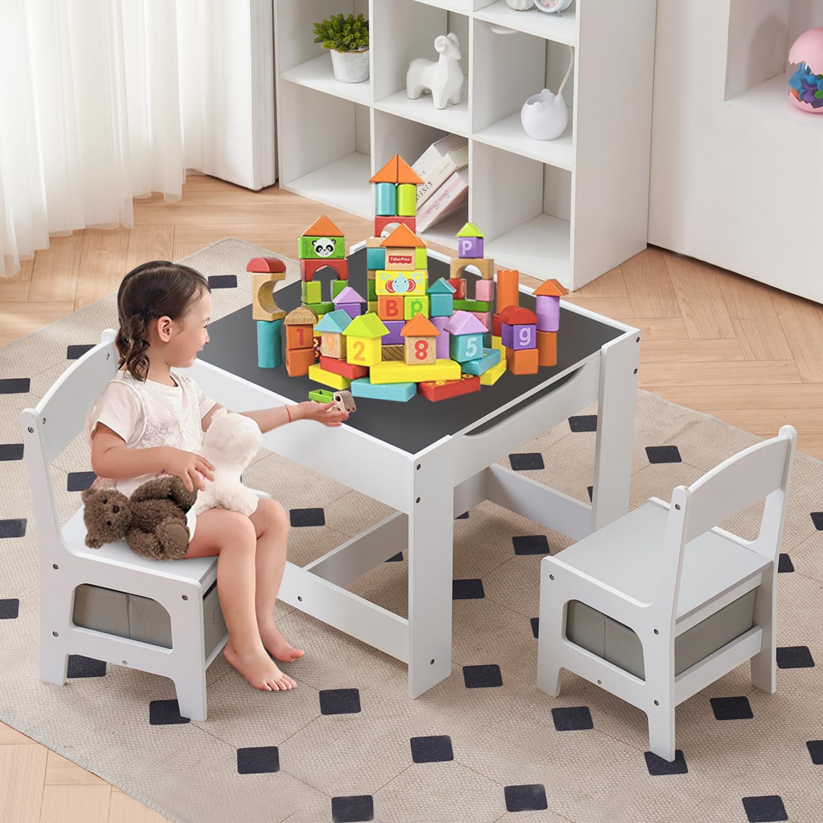 Karl home Kids Table and Chairs, 3 in 1 Toddler Table and Chair Set, Activity Table with Storage, Wood Kids Desk Chair for Kids 1-3 Years Old, Craft Table, Playroom, Living Room, Grayish-White