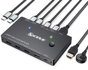 usb c kvm switch 4k@60hz,mleeda usb c switch 2 computers share 1 monitor and 4 usb devices,compatible with thunderbolt 3,with 100 w power delivery option,wired remote and 3 cables included