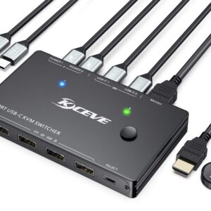 USB C KVM Switch 4K@60Hz,MLEEDA USB C Switch 2 Computers Share 1 Monitor and 4 USB Devices,Compatible with Thunderbolt 3,with 100 W Power Delivery Option,Wired Remote and 3 Cables Included