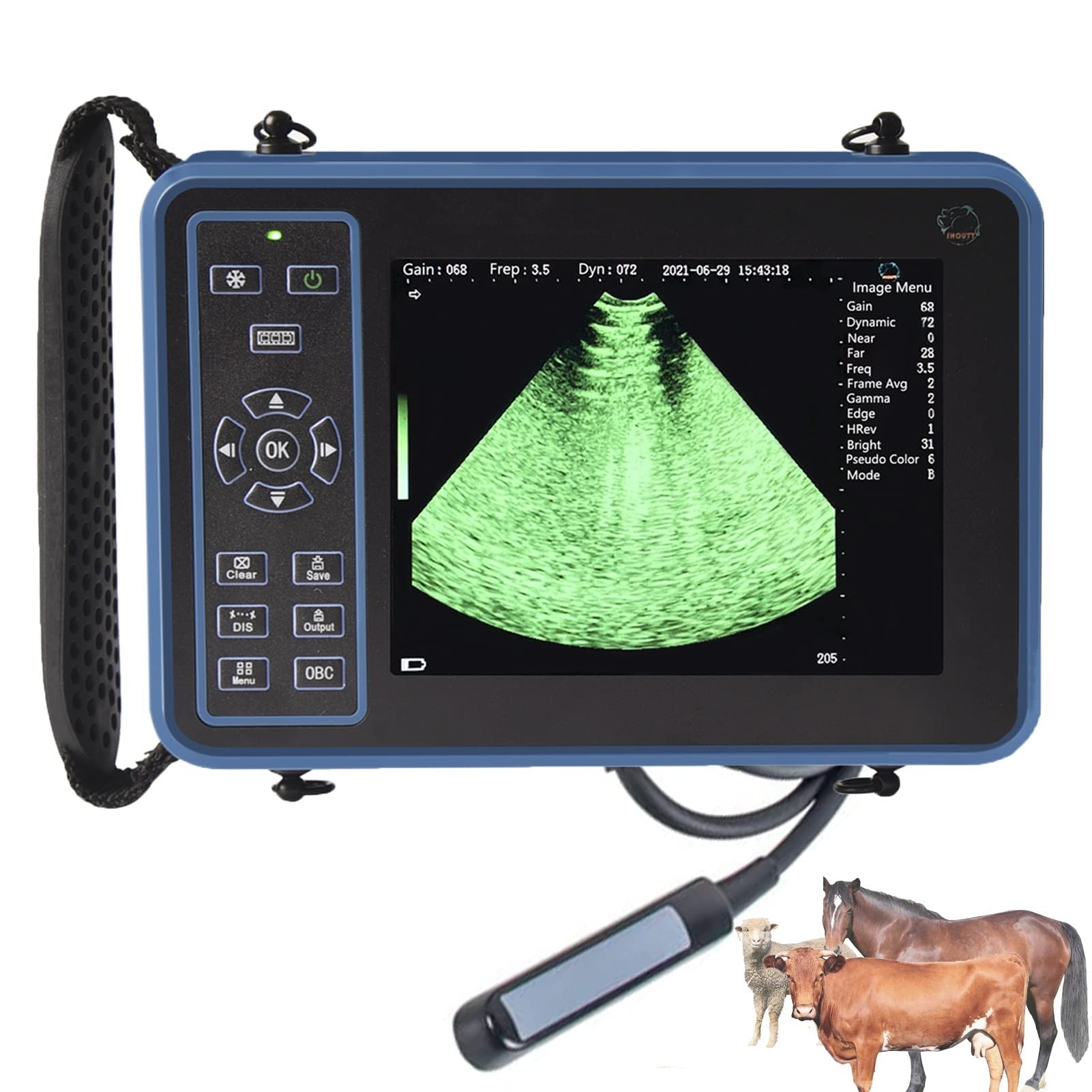 Veterinary B-Ultrasound Scanner Ultrasound Scanner for Pregnancy 6.5 MHz Rectal Probe, Volume Heart Rate Measurement with 32G TF Rechargeable, 8 Color Panels, B/BB/4B for Cattle, Horse, Camel Snake