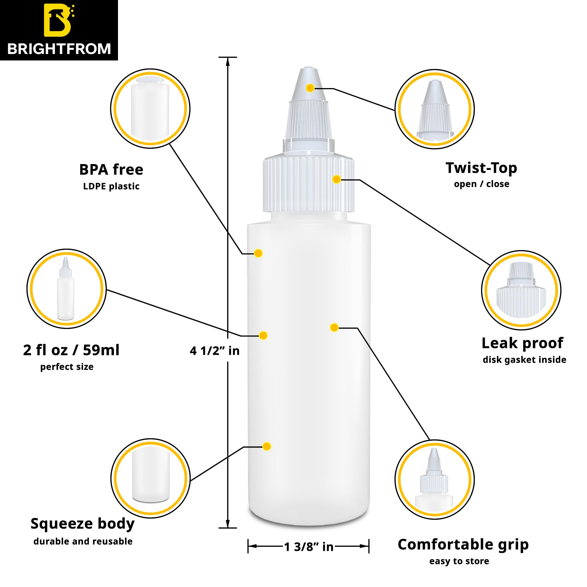 BRIGHTFROM Twist Top Applicator Bottles, Squeeze 2 OZ Empty Plastic Bottles, Refillable, Open/Close Nozzle - Multi Purpose (Pack of 3)