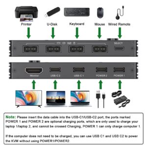 USB C KVM Switch 4K@60Hz,MLEEDA USB C Switch 2 Computers Share 1 Monitor and 4 USB Devices,Compatible with Thunderbolt 3,with 100 W Power Delivery Option,Wired Remote and 3 Cables Included