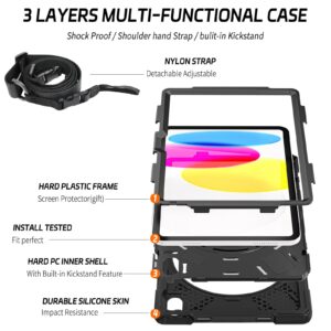 ZenRich iPad 10th Generation 10.9'' Case 2022, A2757/A2777/A2696 Full-Body Drop Protection Rugged Case with [Pencil Holder] [360° Rotate Kickstand Hand Strap] [Shoulder Strap], Black