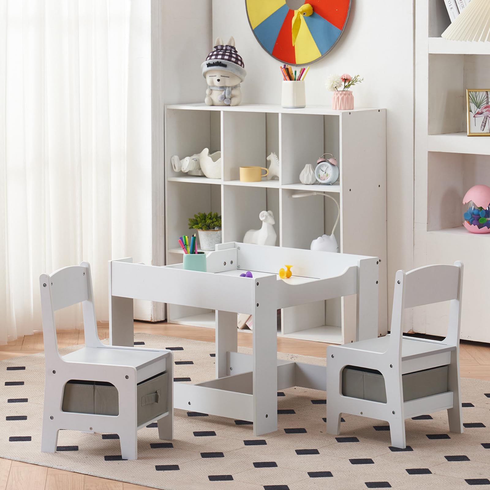 Karl home Kids Table and Chairs, 3 in 1 Toddler Table and Chair Set, Activity Table with Storage, Wood Kids Desk Chair for Kids 1-3 Years Old, Craft Table, Playroom, Living Room, Grayish-White