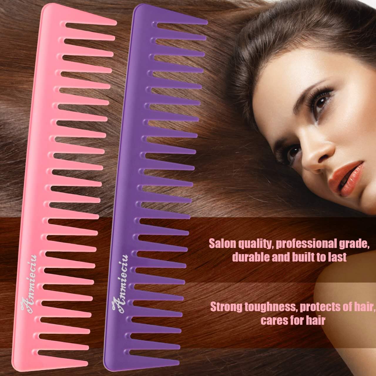 2Pcs Wide Tooth Comb and Large Hair Detangling Comb, Durable Hair Combs, Suitable for Curly Hair, Long Hair, Wet or Dry Hair in all Types, Anmieciu Advanced Care Styling Hair Comb. (Pink, Purple)