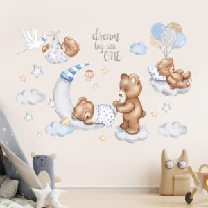 wondever Sleeping Baby Bear Wall Stickers Dream Big Clouds Ballons Peel and Stick Wall Art Decals for Kids Bedroom Baby Nursery