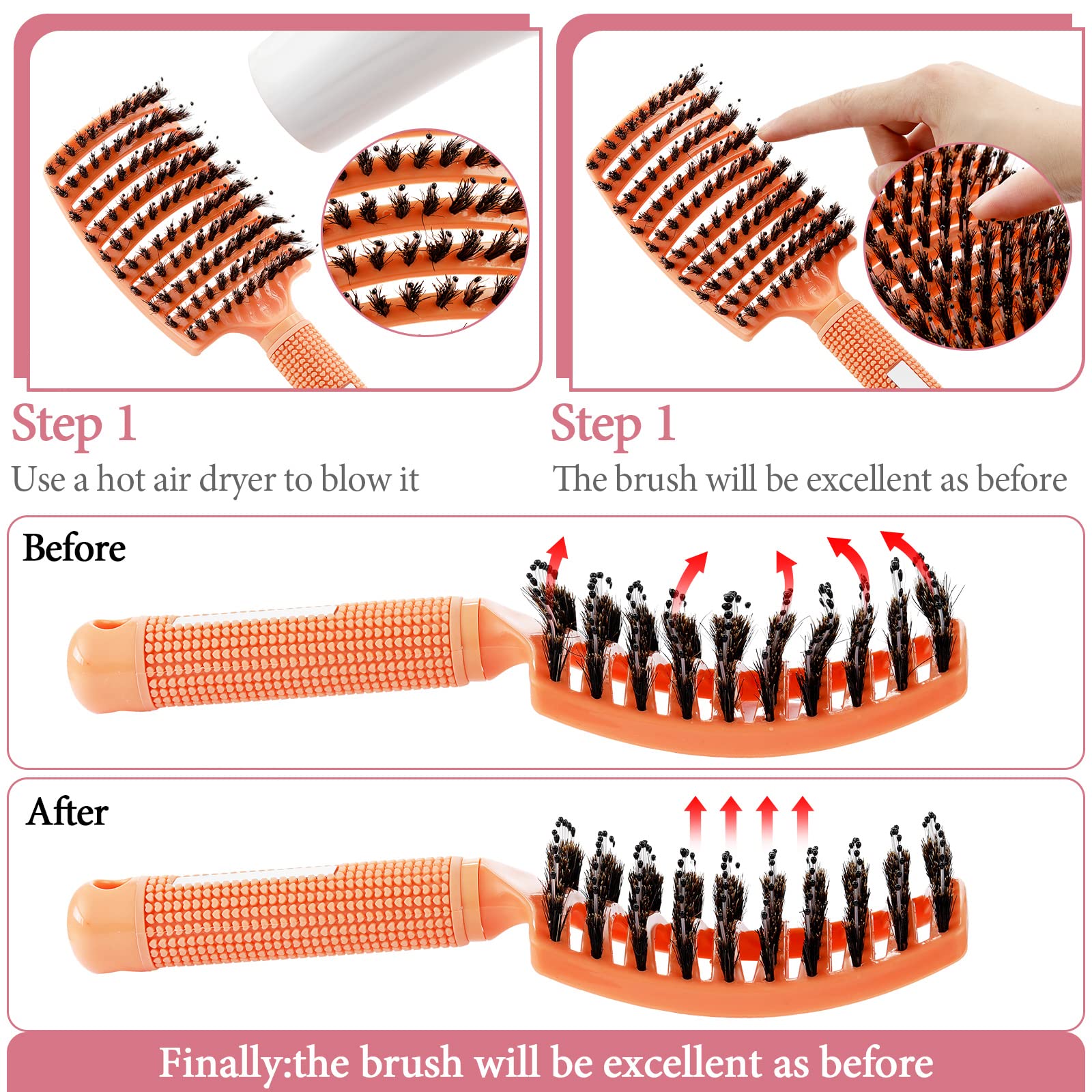 Zopeal 9 Pieces Boar Bristle Curved and Vented Brush for Detangling Dry, Wet, Curly, Thick or Straight Hair - Enhances Shine for Women, Men, and Kids